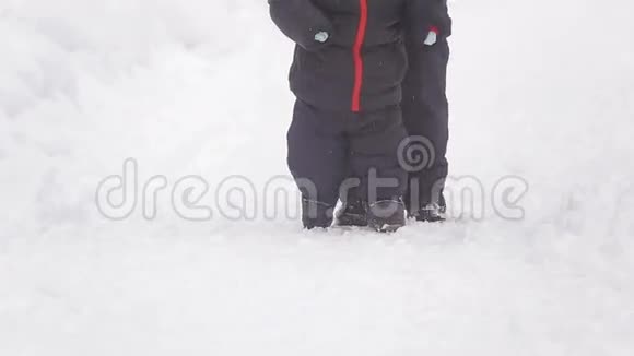 小妈妈和孩子一起在公园散步雪天视频的预览图