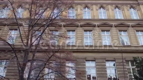 在捷克共和国布拉格的欧洲古典建筑上用无叶的树木拍摄了Stadicam悲伤或经典视频的预览图