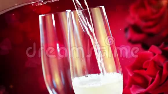 将香槟倒入带有金色气泡的凹槽中闪烁着抽象的闪光颗粒流动红色的心形背景视频的预览图