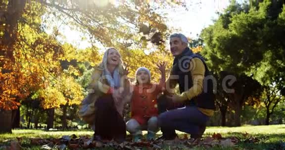 爸爸妈妈和女儿在户外扔树叶视频的预览图