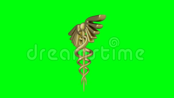 绿背景上孤立的卡杜修斯医学符号卡杜修斯与蛇的标志3D渲染视频的预览图