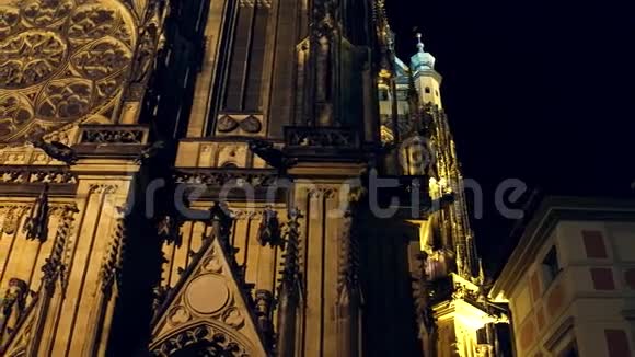 夜晚圣维特斯大教堂的细节捷克共和国布拉格4Ksteatam视频视频的预览图