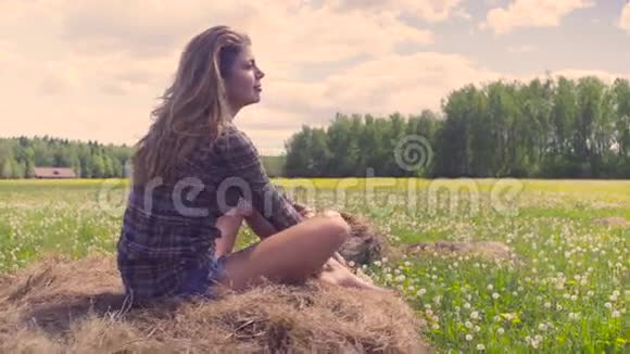 夏天坐在干草堆上的年轻女子视频的预览图