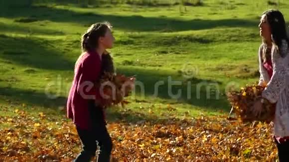 年轻漂亮的母亲和她的小女儿在秋天的森林里玩得很开心他们跳起来把树叶扔到空中视频的预览图