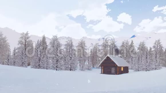在大雪纷飞的冬日山里的独栋木屋视频的预览图