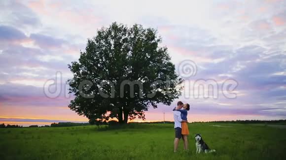 年轻夫妇在田野里夕阳的背景下接吻视频的预览图