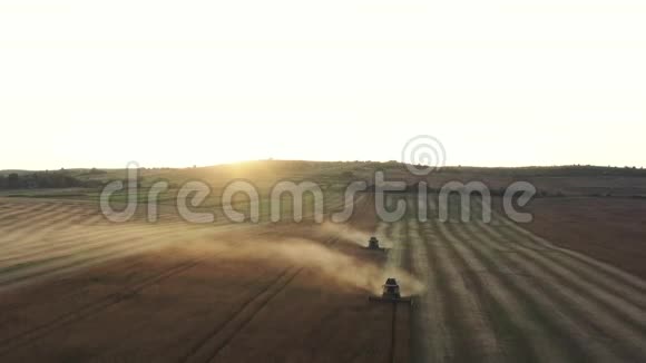 农业和收获农业机械在大豆田的粉尘作业视频的预览图