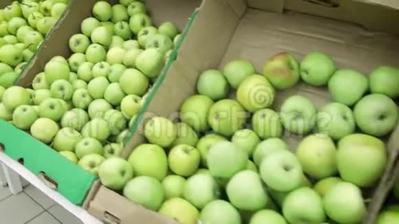 超市里的女孩选择绿色苹果女手在超市选购青苹果一大堆视频的预览图