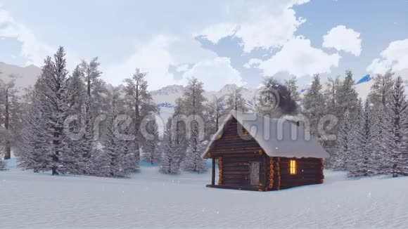 有吸烟烟囱的木屋冬天下雪视频的预览图