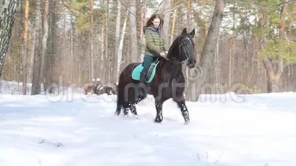 春天的雪林骑马的女人视频的预览图