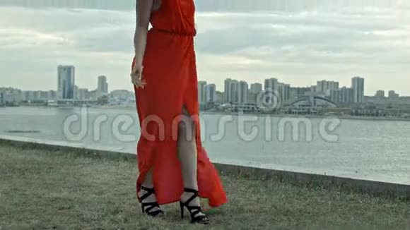 漂亮的年轻女子穿着红裙子站在花旗的上空视频的预览图
