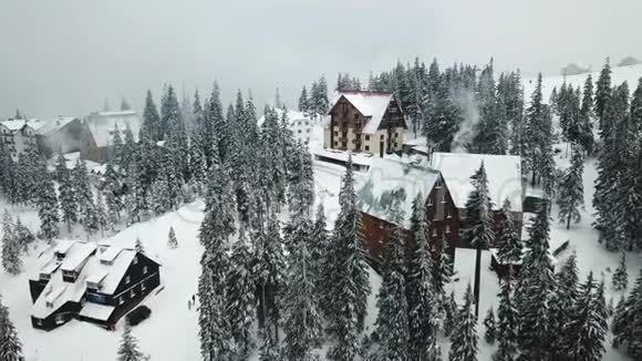 山上森林中白雪覆盖的木屋的鸟瞰图视频的预览图