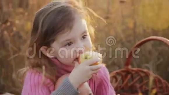 一个小女孩在野餐时吃苹果视频的预览图