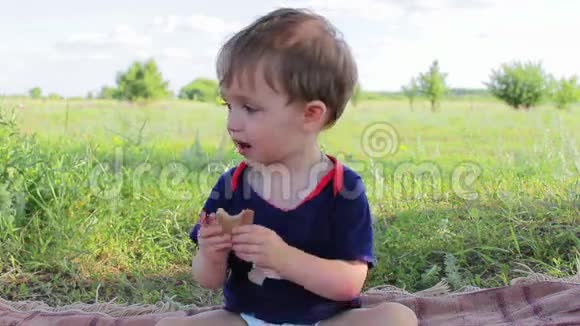 大自然上的小男孩吃面包视频的预览图