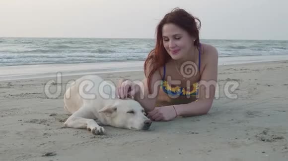 一个美丽的女孩和一只白狗在夏天的海滩上休息4K视频的预览图
