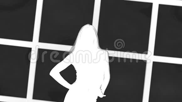 女孩的剪影有长长的挥动的头发在白色的背景网格窗口的轮廓慢动作视频的预览图