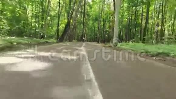 在柏油路上的森林自然中在户外慢跑的观点视频的预览图