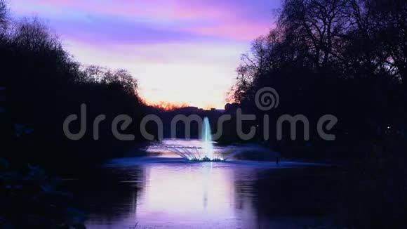 日落时分伦敦圣詹姆斯公园的美丽喷泉视频的预览图