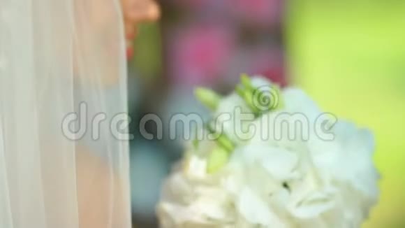 快乐新娘的肖像一位戴着面纱的美丽新娘捧着一束花视频的预览图