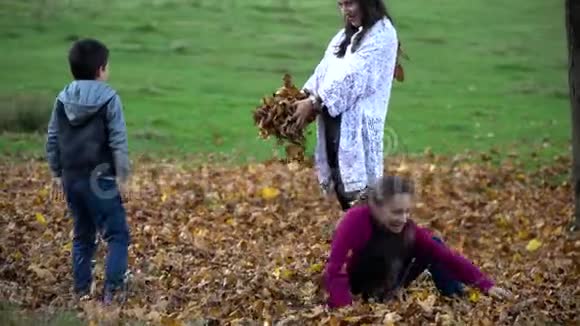 妈妈和她的孩子们正在秋天的森林里玩得很开心他们跳起来把树叶扔到空中他们是视频的预览图