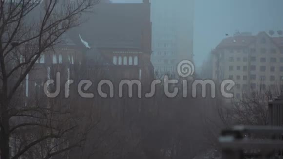 雾中的神秘天主教会背景是城市视频的预览图