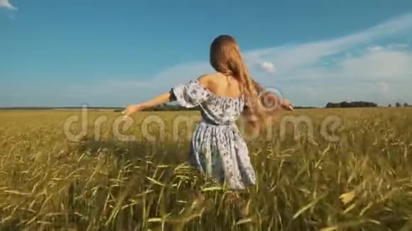 美丽的女孩户外享受自然美丽的少女穿着裙子在春田里奔跑举起双手视频的预览图
