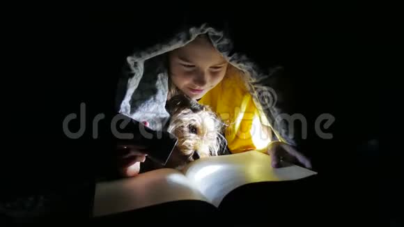 小孩子和爱看狗的女孩晚上看书手电筒的孩子躺在毯子下面视频的预览图