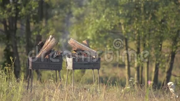 天然木火为BBQ曼格尔火为室外曼格尔火自然壁炉不错的高清真火奄奄一息的灰烬在火焰中燃烧视频的预览图