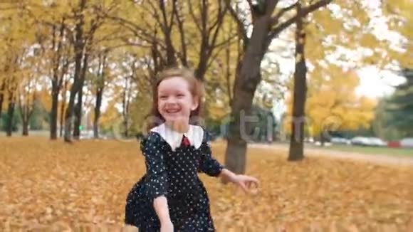 肖像可爱的小女孩卷发穿着圆点花纹的裙子穿过公园里的秋天小巷视频的预览图