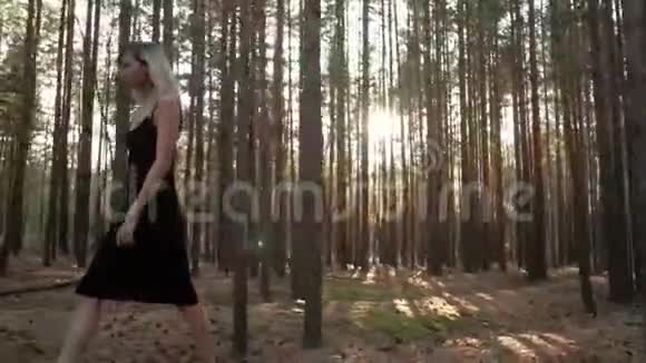 阳光明媚的一天穿着紧身连衣裙的漂亮模特在森林里散步视频的预览图