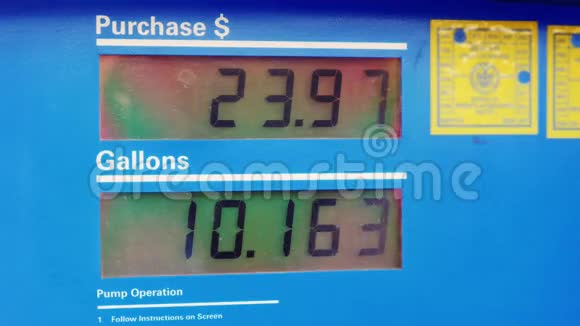 穿着的汽油显示器显示加仑燃料的数量和美元的价格视频的预览图