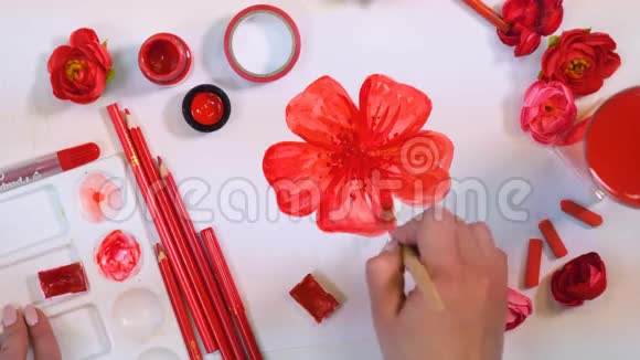女艺人手画红花创意艺术家办公桌从上面视频的预览图