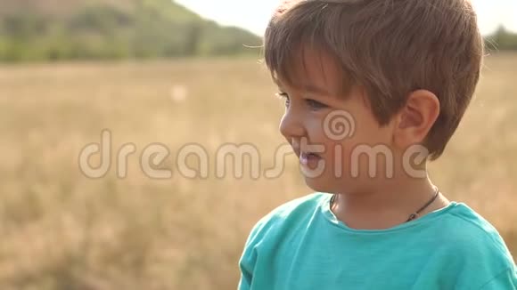 日落时分一个在田野里快乐的小男孩视频的预览图