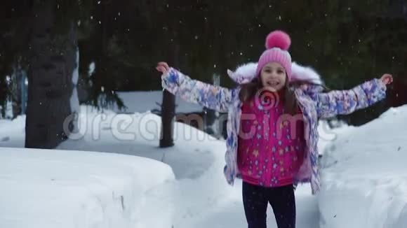 小女孩跳着享受着第一场雪孩子穿着夹克和帽子穿过冬林慢慢慢慢视频的预览图