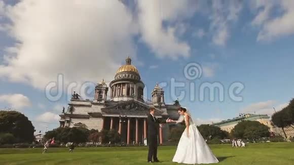公园草地上的新娘和新郎舞门视频的预览图
