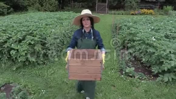 女园丁在花园里搬箱子视频的预览图