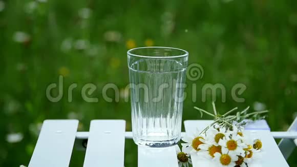 特写镜头放慢脚步将牛奶倒入玻璃烧杯中旁边躺着一束雏菊在这种背景下视频的预览图