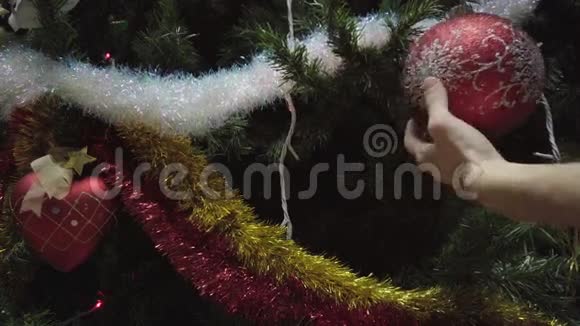 手持圣诞灯装饰圣诞树的男子视频的预览图
