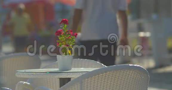 街头咖啡馆里摆满鲜花的空桌视频的预览图