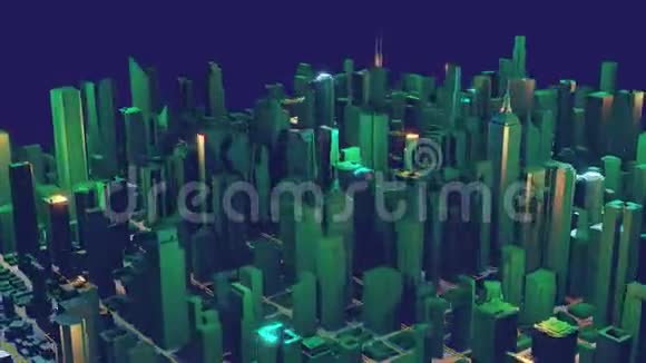 摩天大楼和建筑物的鸟瞰图未来派光和辉光4k无缝循环动画视频的预览图