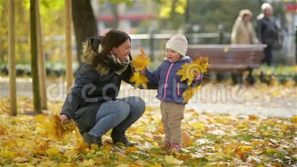 快乐的年轻妈妈和她的小女儿在秋天的公园里玩妈妈和女孩扔树叶和笑视频的预览图