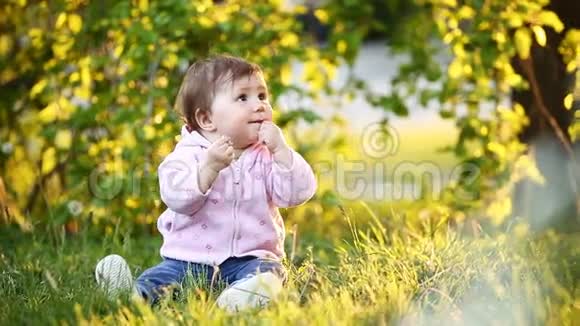 在日光浴的公园里小可爱的女婴坐在绿草上视频的预览图
