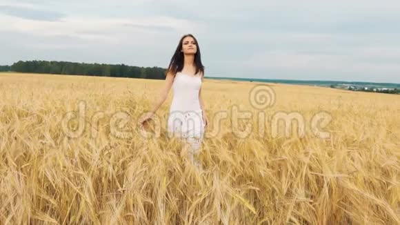 日落时分一个年轻的女孩站在一片金色的麦田里慢慢地举起双手视频的预览图