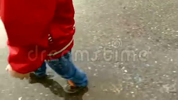 小女孩走在新鲜的水坑上雨停了视频的预览图