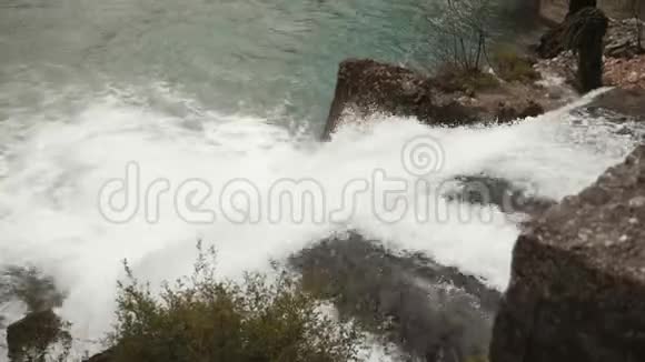 在有石头的山河中快速的水流来自冰川的新鲜冷水自然景观与树木视频的预览图