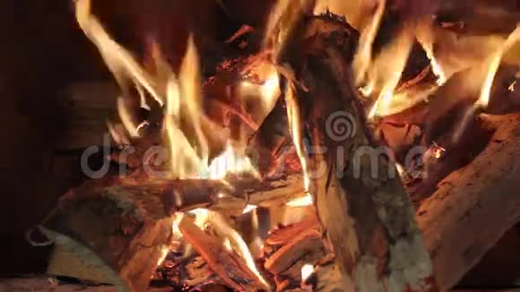 炉中燃烧的桦木火焰的特写视频的预览图