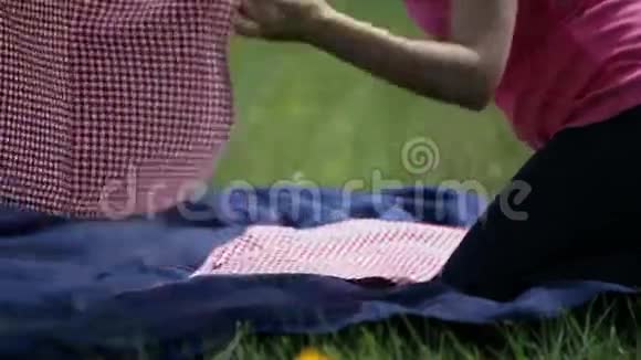 女人把餐巾放在毯子上野餐视频的预览图
