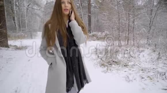 年轻的美女在雪地背景下用手机说话正在冬天的公园里户外散步慢慢视频的预览图