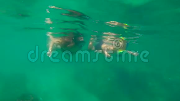 一个年轻女子和她的小儿子在海里浮潜的慢镜头视频的预览图