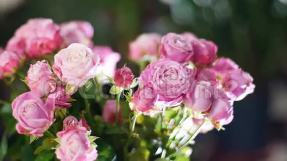 特写花束在光线的照射下旋转花的构图由粉红色的玫瑰神圣的美组成视频的预览图